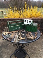 HAY HOOKS, SAW, CAST IRON, TOOLBOX, AND PICNIC TIN