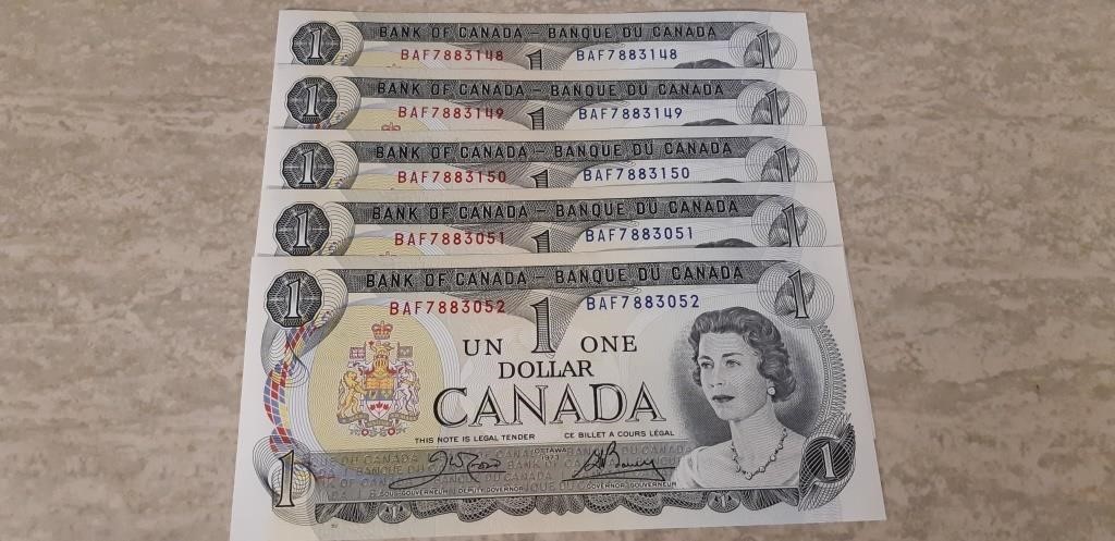 5 Consecutive Mint UNC 1973 One Dollar bills