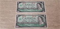 2 1967 Canadian Centennial one dollar bills mint