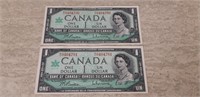 2 1967 CDN Centennial one dollar bills Pre M/O