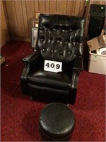 BLACK LEATHER RECLINER AND OTTOMAN