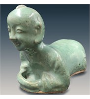 Antique Figural He He Boy Chinese Green Glazed Opi