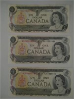 Set Of Three 1973 Series $1.00 Canadian Bills