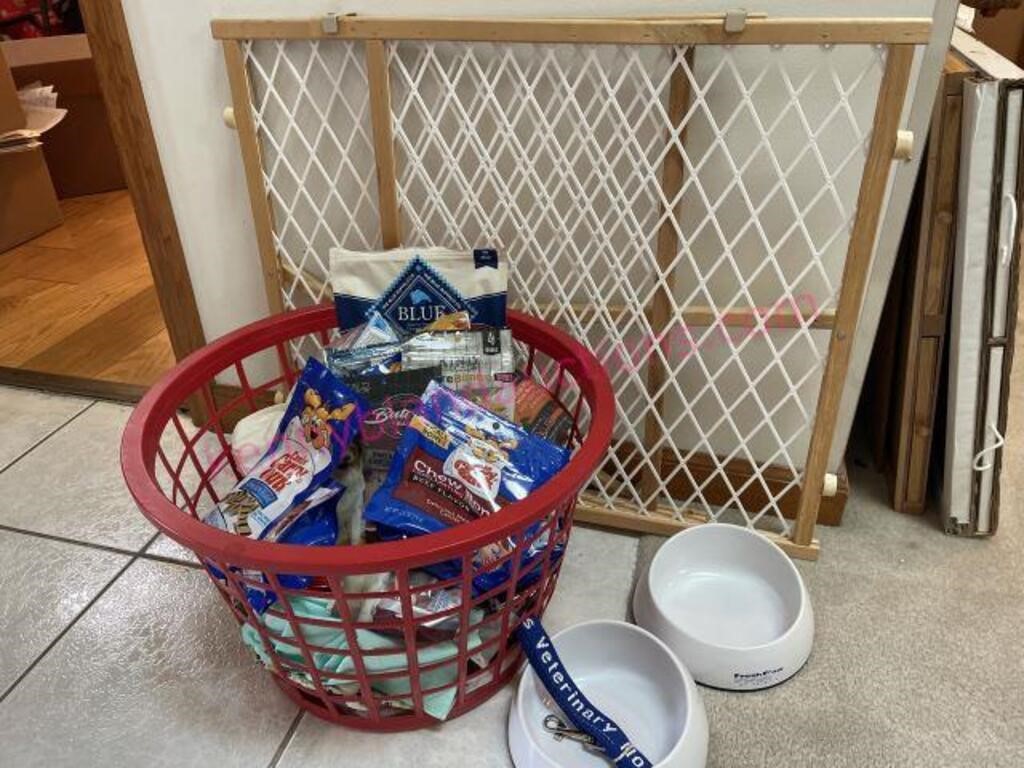 Dog treats, bowls, pet gate, leash, etc