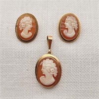 14K Gold Cameo Earrings & Pendant