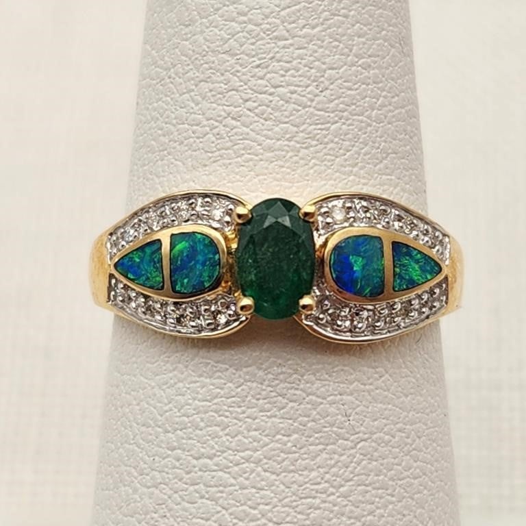 14K Gold Ring Emerald Opal & Diamonds