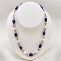 Amethyst & Pearl Necklace 14K Clasp