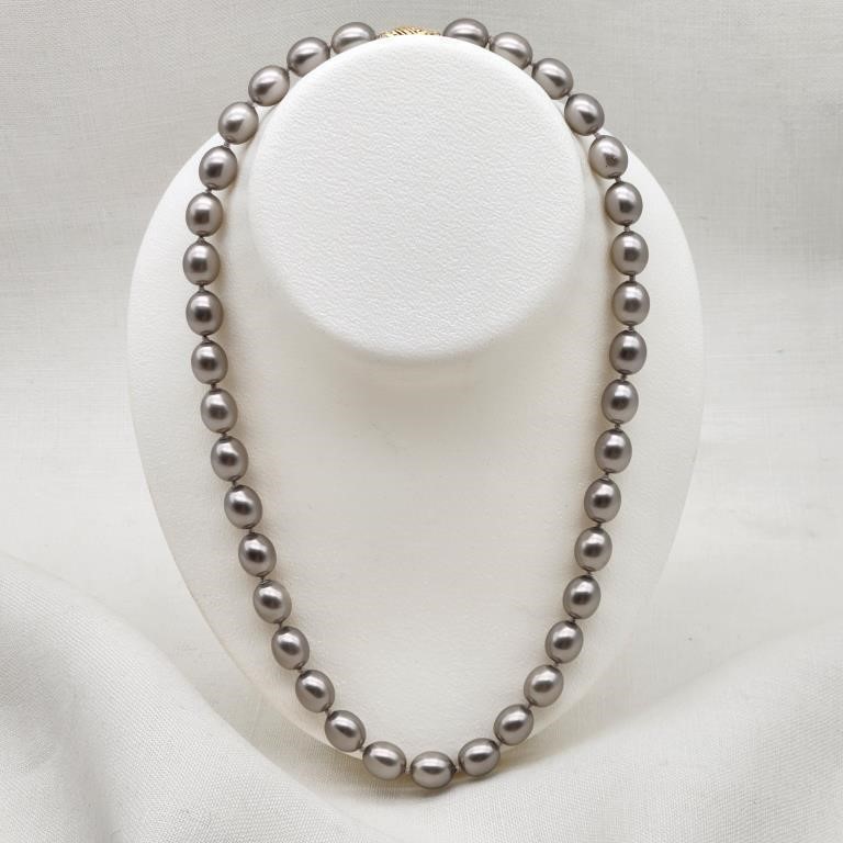 14K Clasp Faux Gray Pearl Necklace