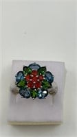 Fire Opal-Chrome Diopside-Blue Topaz Sterling Ring