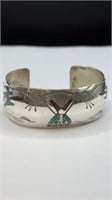 Sterling Turquoise & Coral Chip Inlay Bracelet