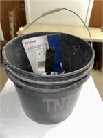 BLACK BUCKET WITH MISCELLANEOUS ITEMS