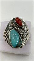 Gents Silver Ring w/Turquoise and Coral
