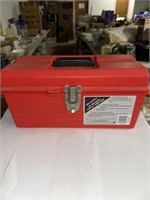 RED PLASTIC TOOLBOX WITH MISCELLANEOUS ITEMS