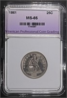 1861 SEATED LIBERTY QUARTER APCG GEM BU