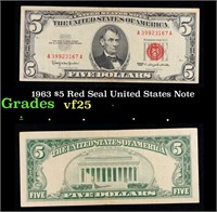 1963 $5 Red Seal United States Note Grades vf+