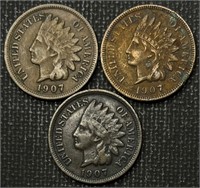 (3) 1907 Indian Head Cents