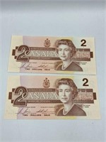 1986 CANADA $2 BILLS X 2 CONSECUTIVE SERIAL