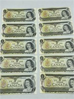 1973 CANADA $1 BILLS LOT OF 10 UNCIRCULATED