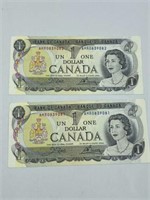 1973 CANADA $1 BILLS CONSECUTIVE NUMBERED PAIR