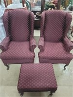 3 PC - Wingback Upholstered Chairs / Foot Stool