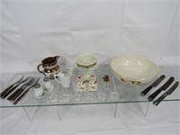 MIXED LOT WITH ASSTD. GLASSWARE, SHAKERS, ETC.: