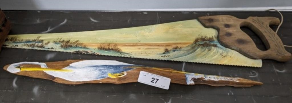 PAINTED HAND SAW, PAINTED HERRING ON WOOD