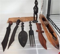 GROUP OF CARVED WOODEN UTENSILS, HAIR PICK,