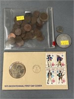 First Day Cover, Unsorted Pennies & Foreign Coin