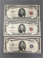 (3) Blue & Red Seal $5 Bills