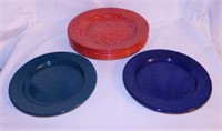 12 graniteware plates: Eight 10" red - Two 9" blue