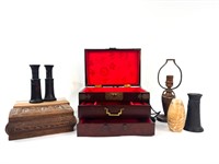 Wood Candle Sticks Jewelry Boxes and a Lamp