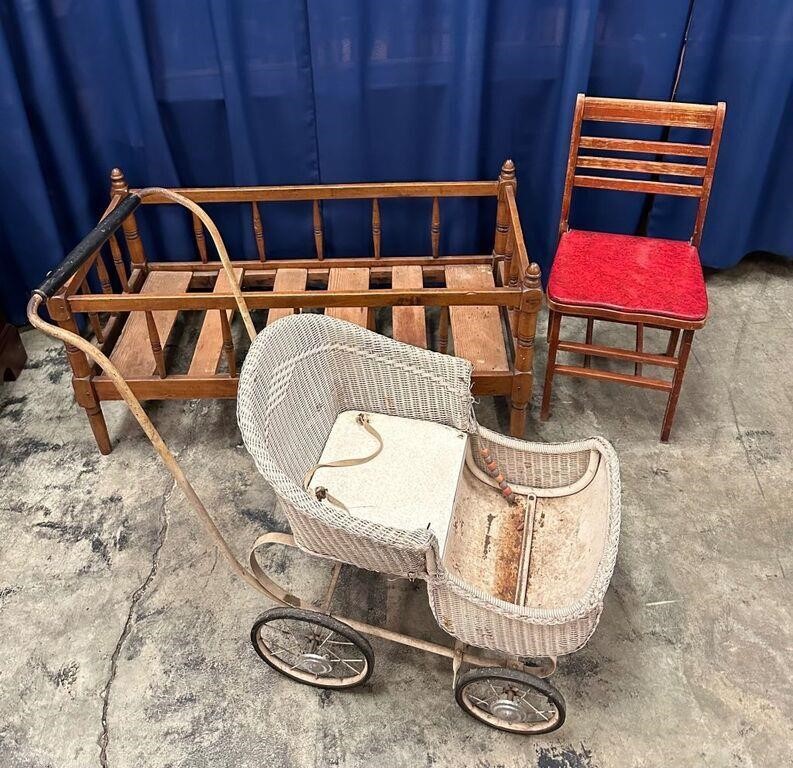 Vintage Baby Crib, Chair and Carriage