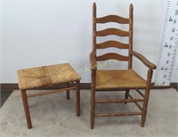 Oak Wicker Seat Chair & Stool 2 Pc Lot