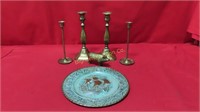 Brass Items: Ship Plate, Candle Sticks, Pig Figure