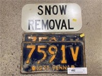 (2) 1935 License Plates & Snow Removal Sign
