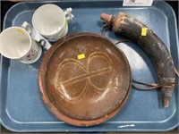 Early Redware Plates with Powderhorn
