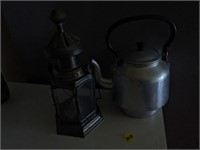 Brass Lantern & Metal Kettle