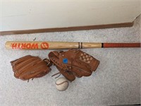 Baseball Lot Two Gloves, Two Balls, & a Bat