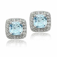 Blue & White Topaz Sterling Halo Stud Earrings