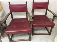2 Vintage Chairs - Wood And Red Leather Seat/back