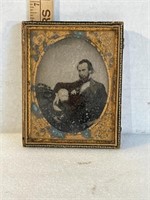 Large antique framed tin type man and baby