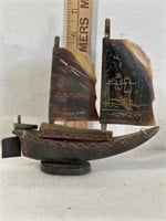 Vintage Handmade HandCarved Horn Sail Boat Etched