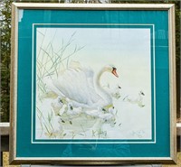 VERY LARGE GLEN LOATES SWAN FAMILY PAINTING