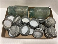 Lot of two ball jars and many ball jar zinc lids
