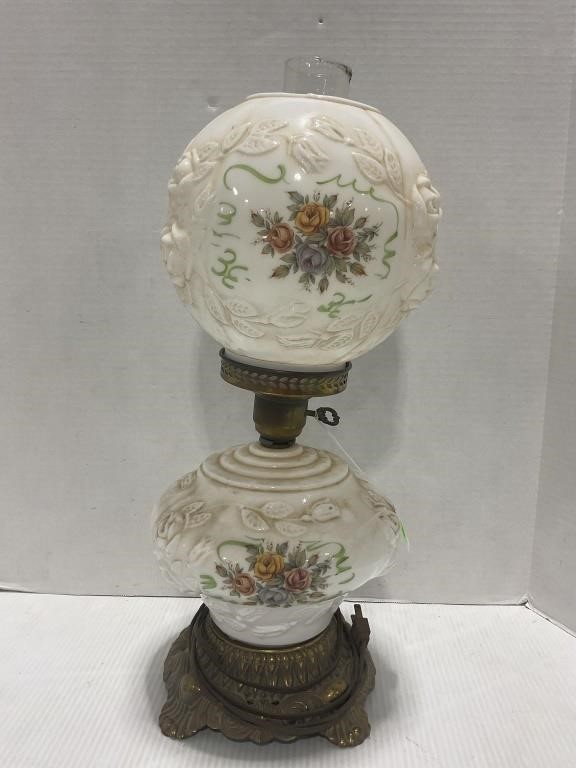 Vintage milk glass hurricane lamp with roses