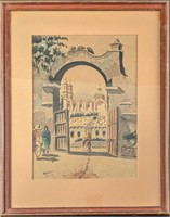 Vintage Framed Watercolor Walking To Temple