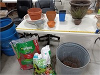 Scott's Mulch, potting soil, plastic pots, metal