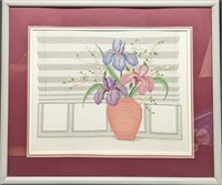 Framed Cross Stitch Embroidery Iris Flowers In Pot