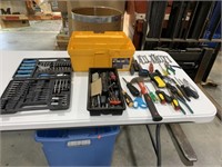 Box of drill bits, tools, toolbox