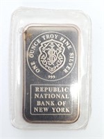 JM 1 Ounce Silver Ingot for Republic National Bank